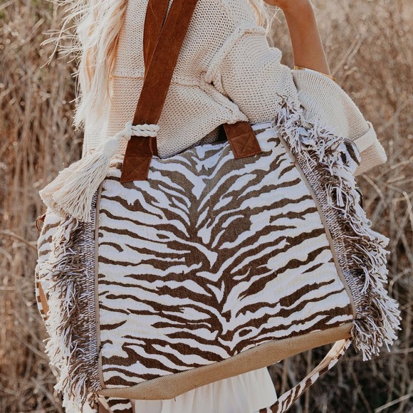 NWT Zebra Animal Print Safari WOVEN WEEKENDER BAG - Picture 3 of 6